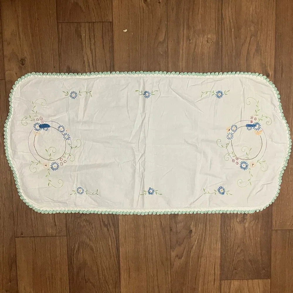 Vintage Handmade Linen Table-runner with Floral Design & Crochet Edge